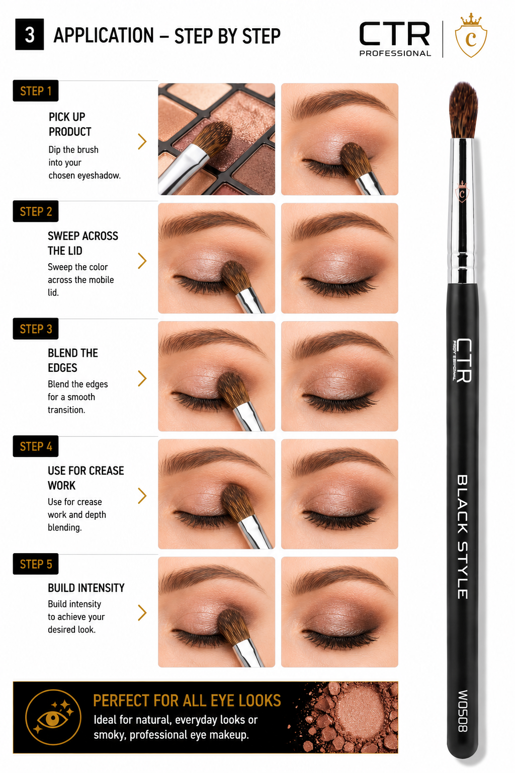 CTR W0508 Black Style eyeshadow shader blending brush product details specifications Persian Caucasian squirrel hair hypoallergenic international certification — CTR Professional