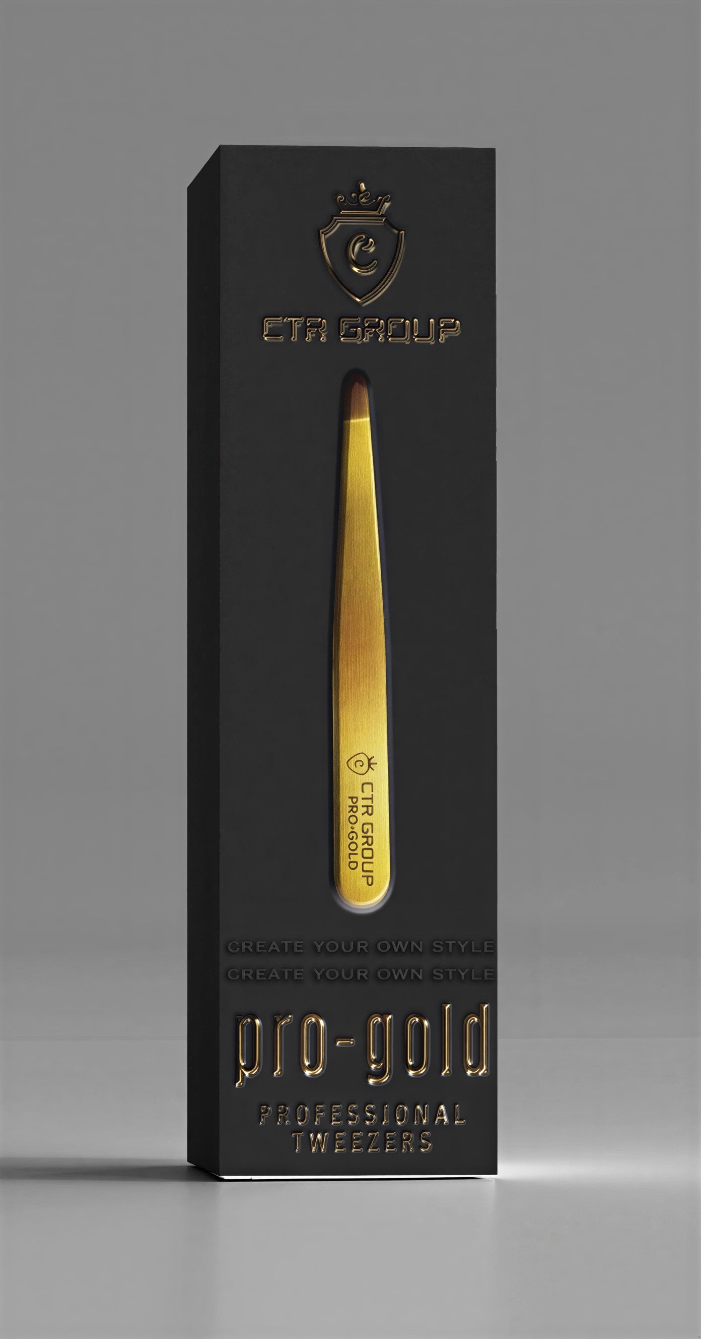 Pro-Gold Professional Tweezers – luxury black packaging box with gold CTR GROUP PRO-GOLD branding on grey background
