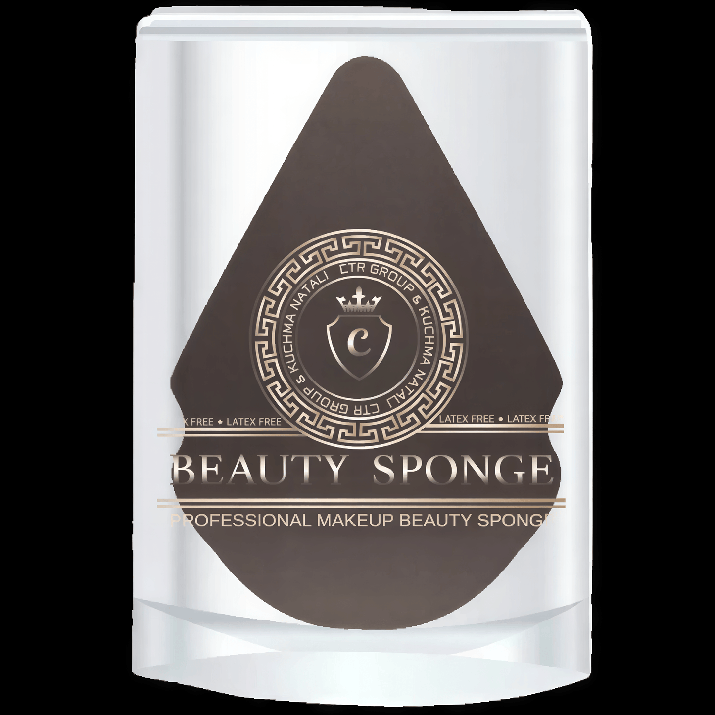 Teardrop-shaped dark brown foam Beauty Sponge in a clear plastic case with a gold logo and Beauty Sponge printed on front.