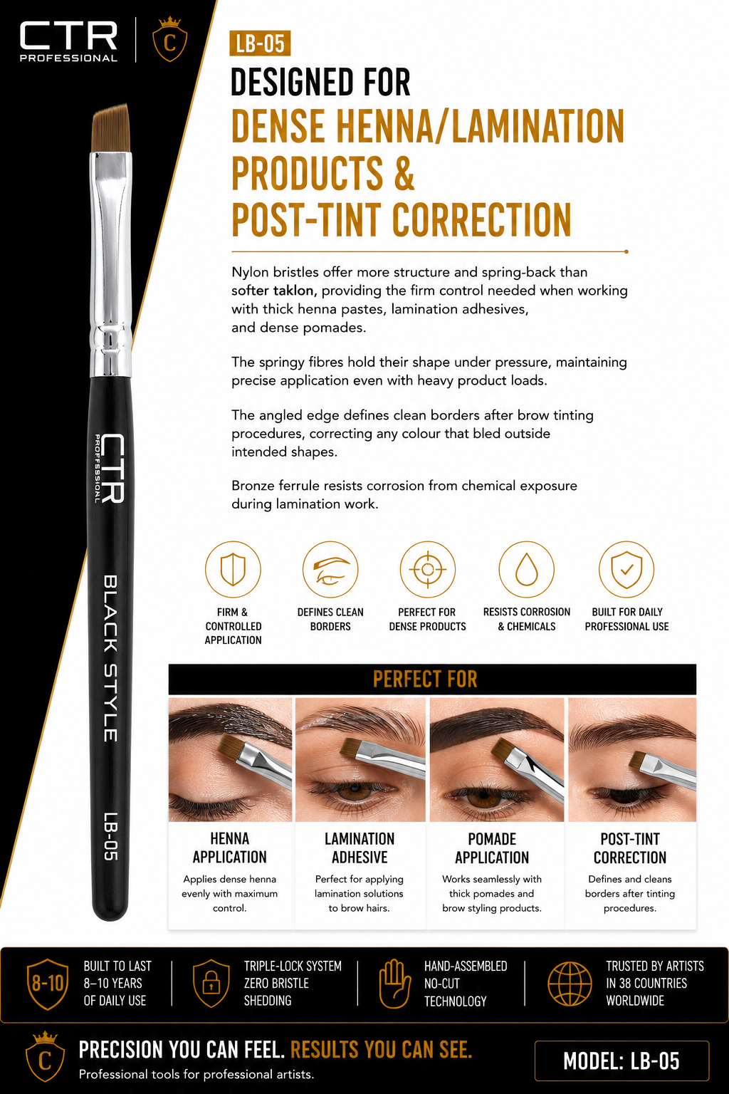 CTR LB-05 angled brow brush Black Style designed for dense henna lamination products post-tint correction firm controlled application defines clean borders perfect for dense products resists corrosion chemicals henna application lamination adhesive pomade application post-tint correction Triple-Lock hand-assembled 8-10 years 30 countries — CTR Professional