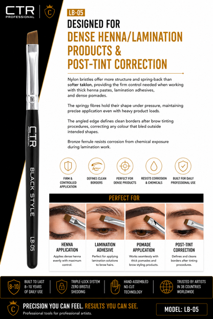 CTR LB-05 angled brow brush Black Style designed for dense henna lamination products post-tint correction firm controlled application defines clean borders perfect for dense products resists corrosion chemicals henna application lamination adhesive pomade application post-tint correction Triple-Lock hand-assembled 8-10 years 30 countries — CTR Professional