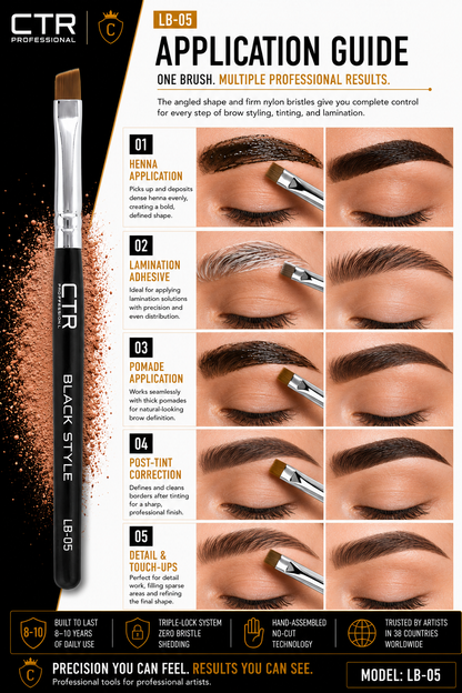 CTR LB-05 angled brow brush Black Style application guide one brush multiple professional results 5 steps henna application lamination adhesive pomade application post-tint correction detail touch-ups before after — CTR Professional
