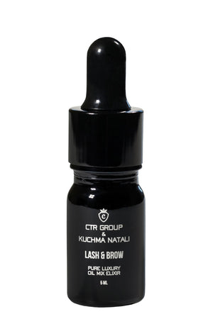 CTR Pure Luxury olieblanding-eliksir til vipper og bryn fra CTR x Kuchma Natali, 5 ml, pipetteflaske på hvid baggrund, sort glasflaske, CTR-kronelogo — CTR Professional