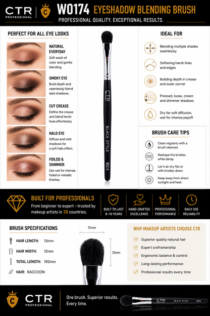 CTR W0174 Black Style eyeshadow blending brush perfect for all eye looks smoky cut crease halo foiled shimmer ideal for — CTR Professional
