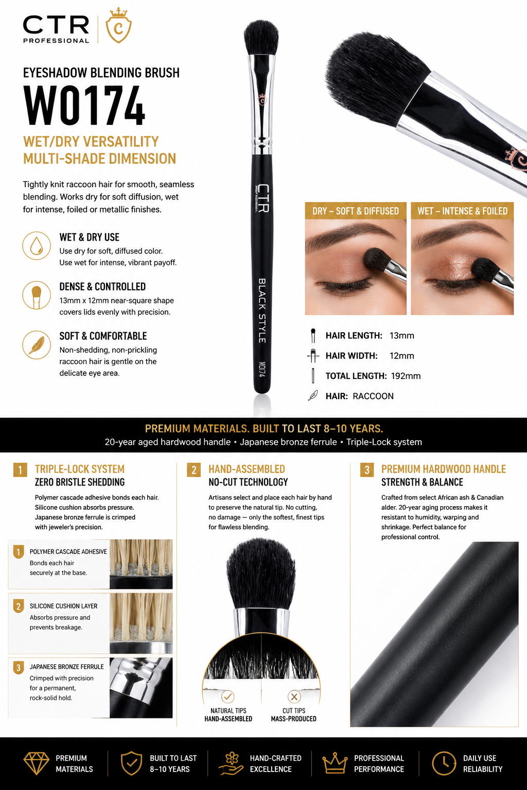 CTR W0174 Black Style eyeshadow blending brush wet dry versatility multi-shade dimension raccoon hair specifications — CTR Professional
