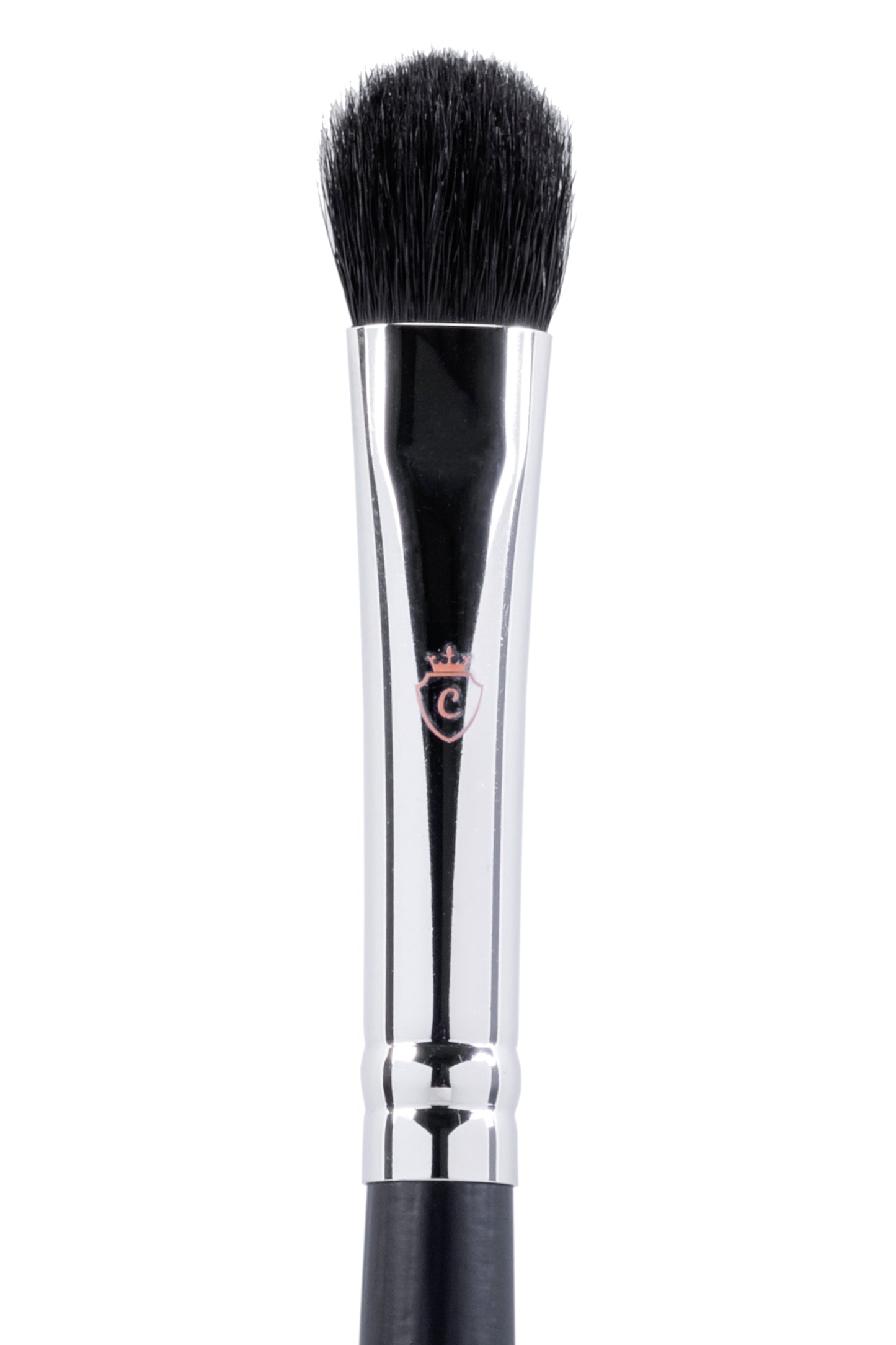 Single makeup brush with black bristles, a silver metal ferrule featuring a pink crown logo, and a black handle.