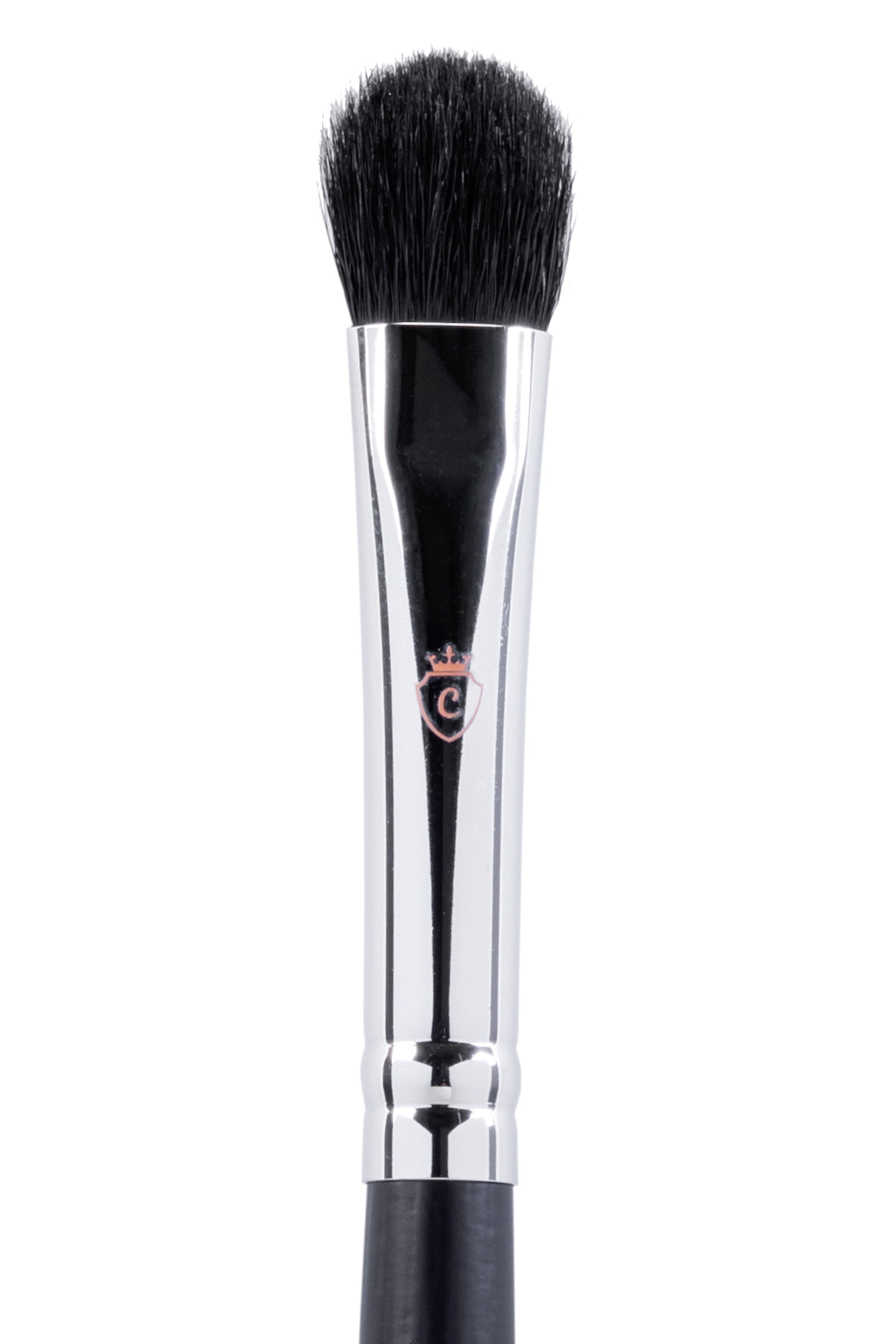 Single makeup brush with black bristles, a silver metal ferrule featuring a pink crown logo, and a black handle.