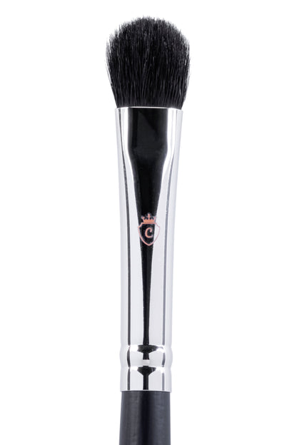 Single makeup brush with black bristles, a silver metal ferrule featuring a pink crown logo, and a black handle.