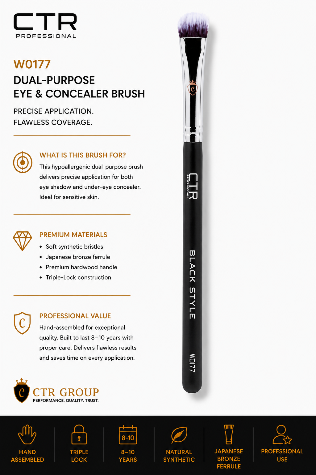 CTR W0177 eyeshadow under-eye concealer brush synthetic bristles dual-purpose — CTR Professional