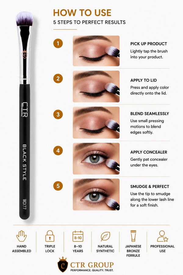 CTR W0177 eyeshadow concealer brush how to use 5 steps pick up apply blend concealer smudge — CTR Professional
