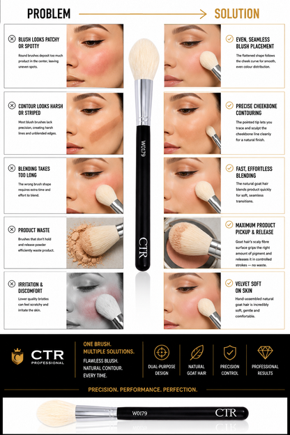 CTR W0179 blush contour brush problem solution patchy blush harsh contour seamless blend precise cheekbone natural goat hair — CTR Professional
