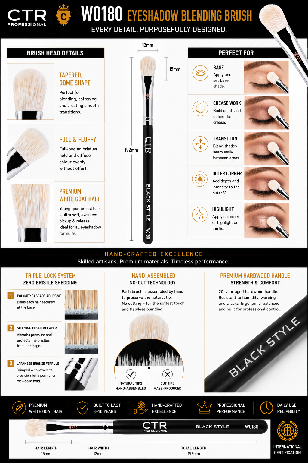 CTR W0180 Black Style eyeshadow blending brush tapered dome shape full fluffy premium white goat hair perfect for base crease transition outer corner highlight — CTR Professional
