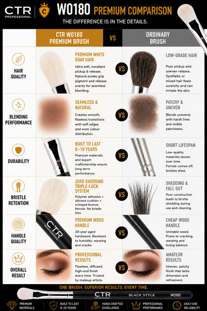 CTR W0180 Black Style eyeshadow brush premium comparison CTR vs ordinary brush hair quality blending durability bristle retention handle overall result — CTR Professional

