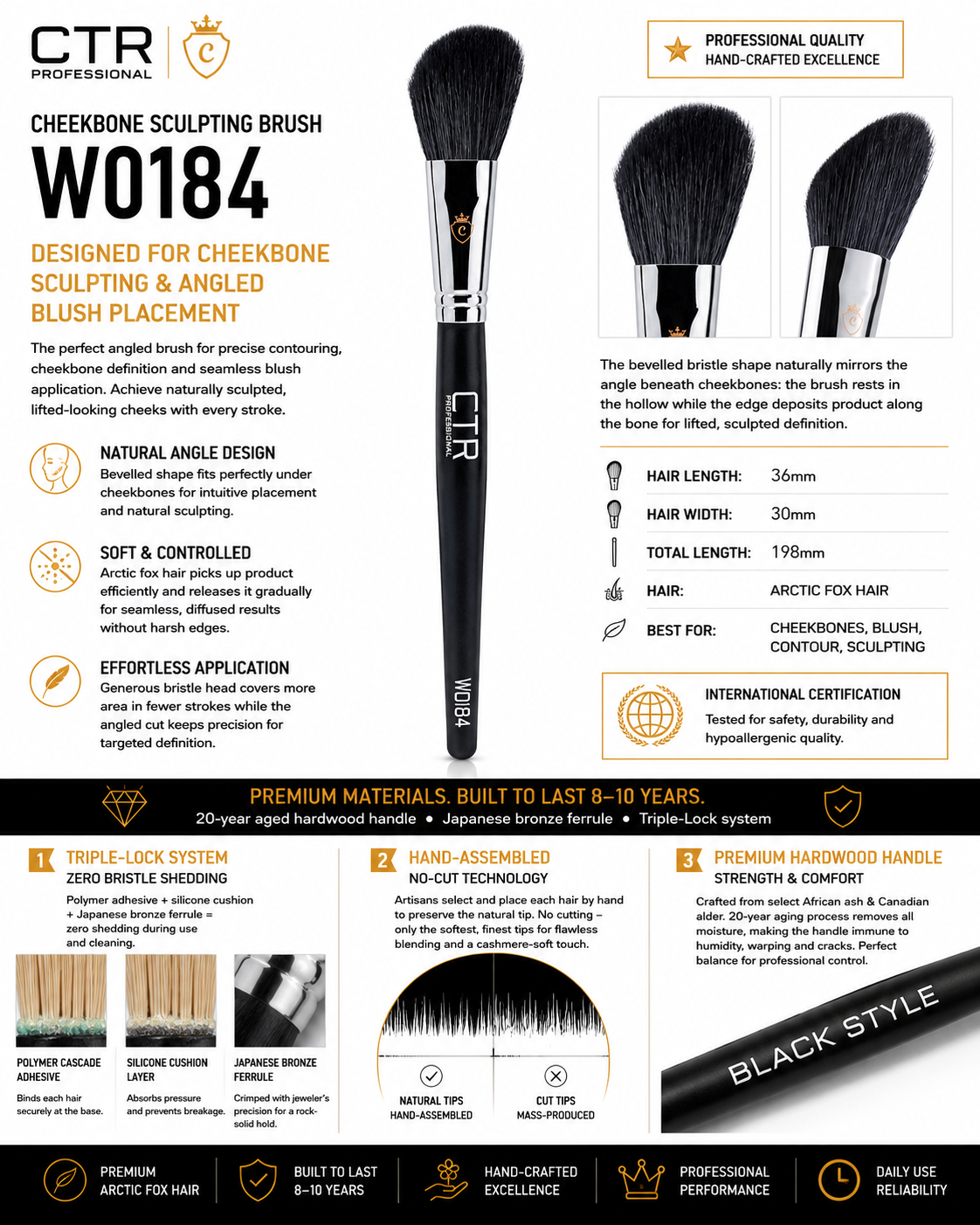 CTR W0184 Black Style angled blush contour brush cheekbone sculpting bevelled shape arctic fox hair Triple-Lock zero bristle shedding hand-assembled — CTR Professional
