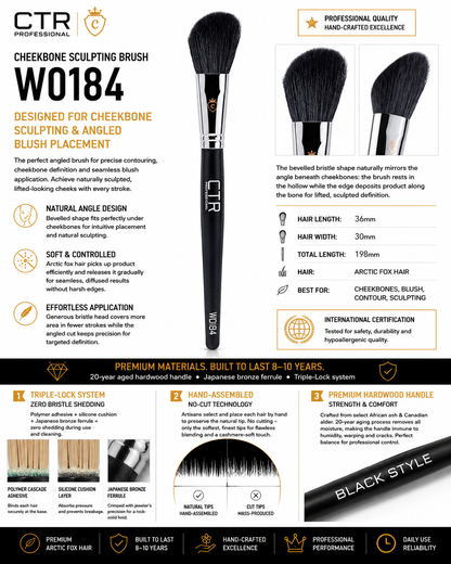 CTR W0184 Black Style angled blush contour brush cheekbone sculpting bevelled shape arctic fox hair Triple-Lock zero bristle shedding hand-assembled — CTR Professional
