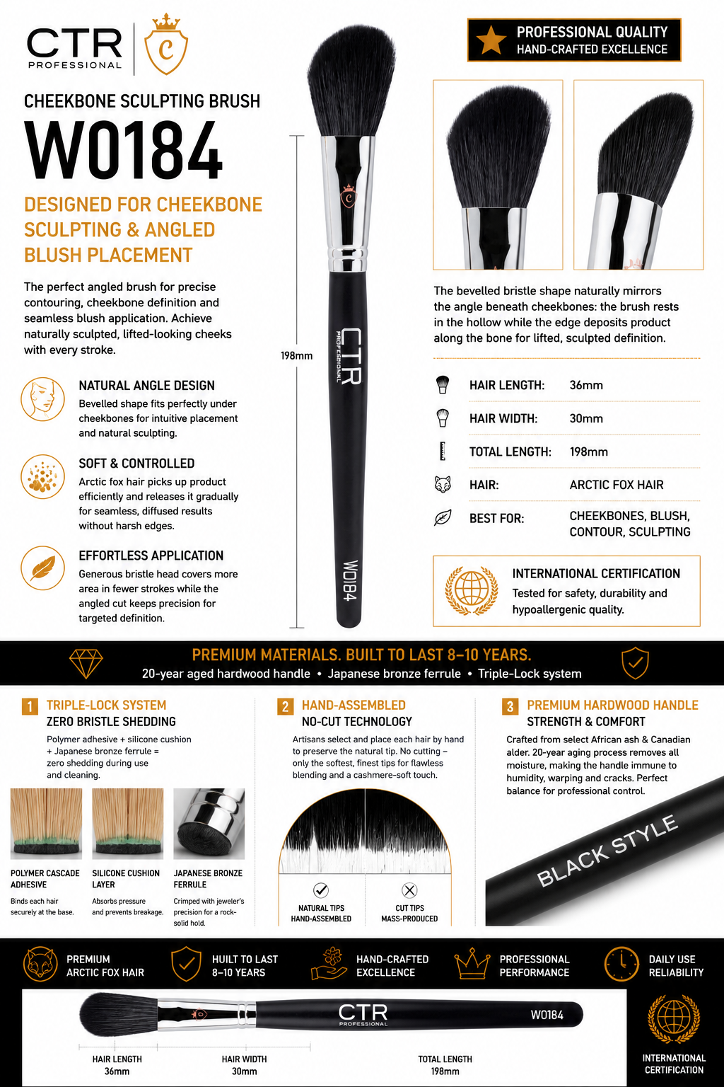CTR W0184 Black Style cheekbone sculpting brush natural angle design soft controlled effortless application arctic fox hair Triple-Lock specifications — CTR Professional
