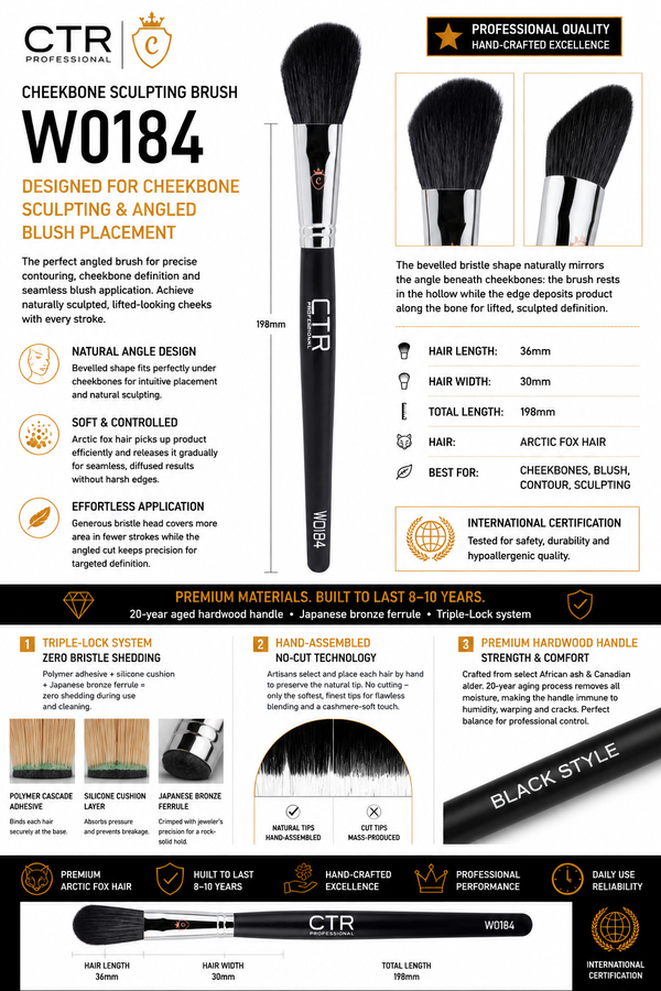 CTR W0184 Black Style cheekbone sculpting brush natural angle design soft controlled effortless application arctic fox hair Triple-Lock specifications — CTR Professional
