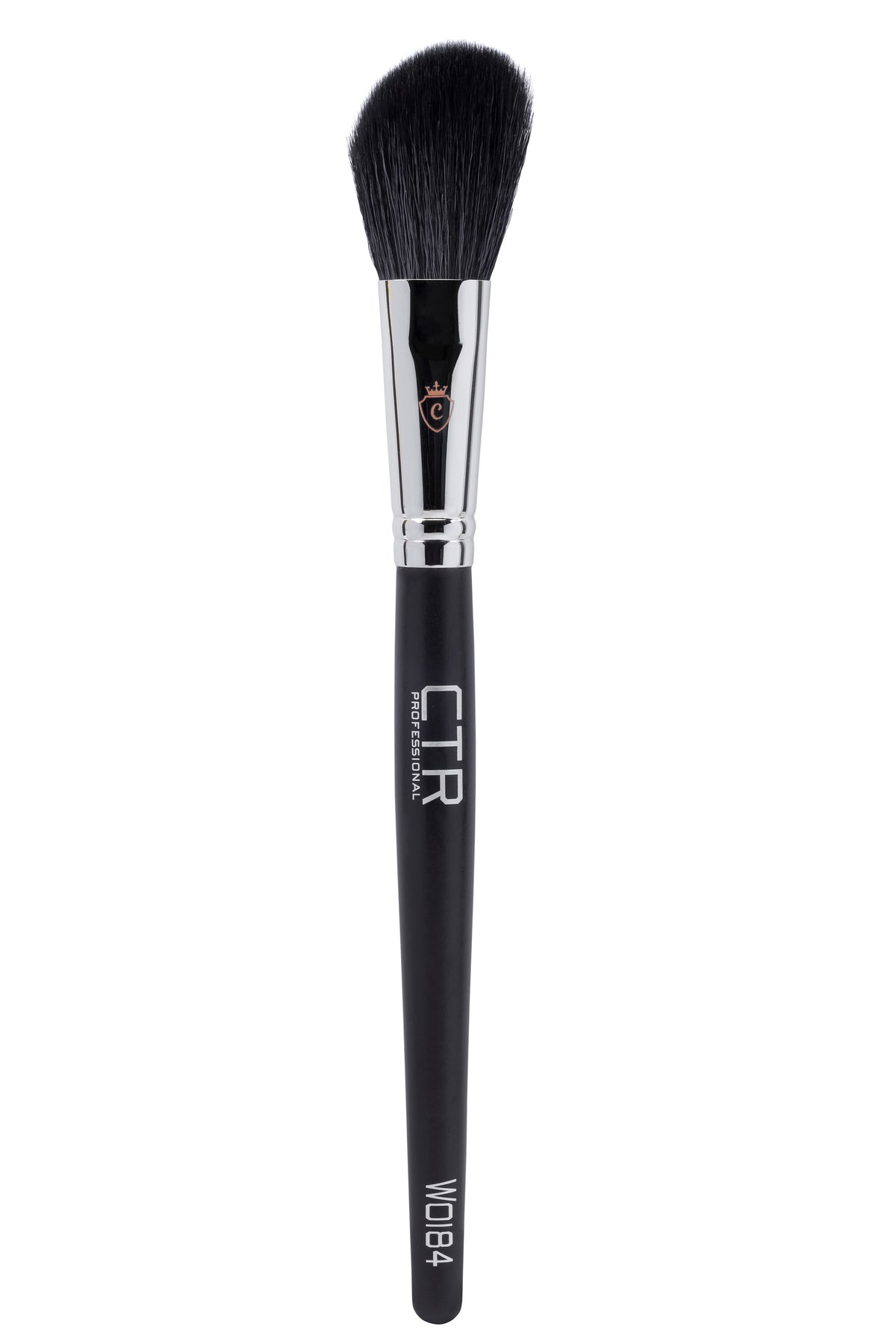 A single makeup brush with black bristles, a black handle, and a silver ferrule. The handle features white text reading 'C.