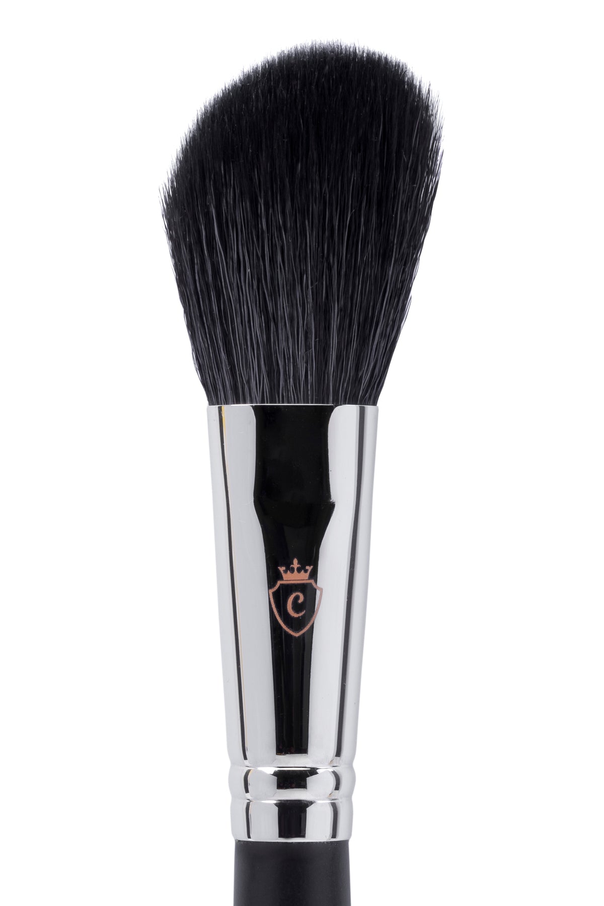 Angled makeup brush with black bristles and a silver metal ferrule featuring a crown and C logo.