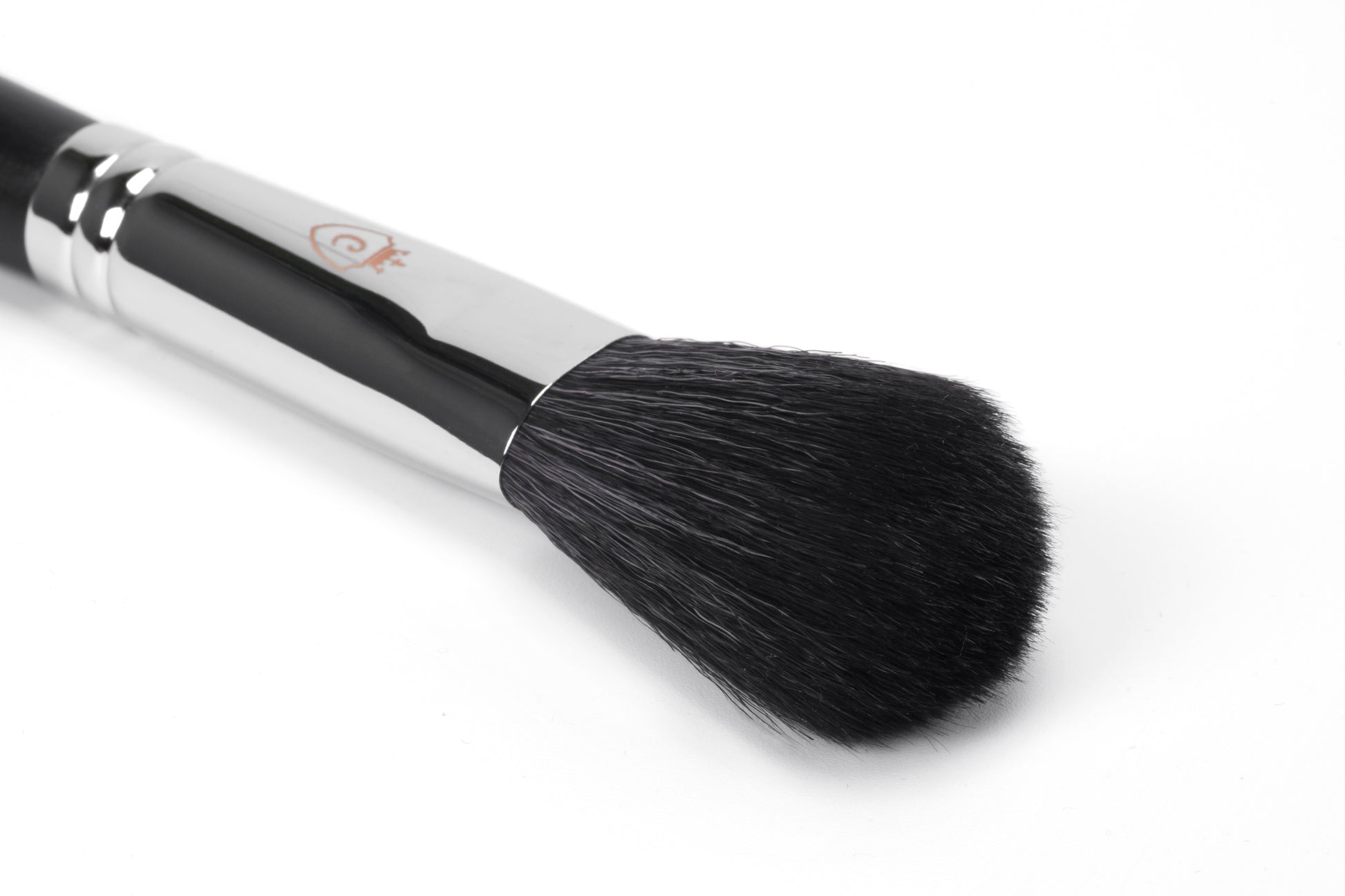 Close-up of a makeup brush with black bristles, a silver metal ferrule, and a black handle on a white background.
