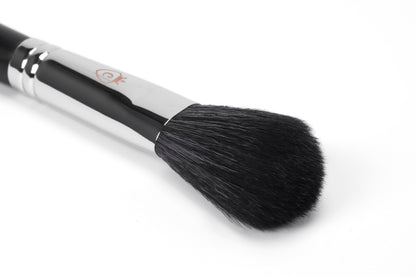 Close-up of a makeup brush with black bristles, a silver metal ferrule, and a black handle on a white background.