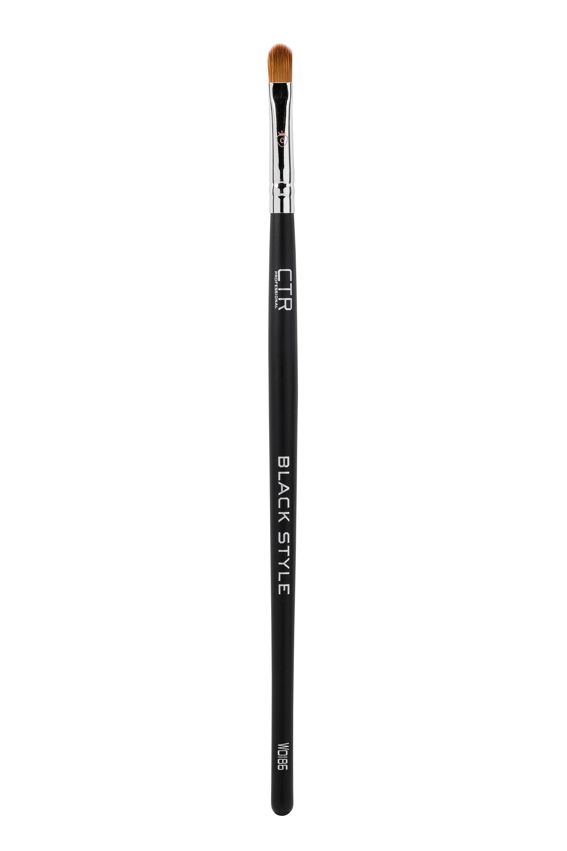 Single makeup brush with black handle, silver ferrule, and brown bristles. Printed with CTR BLACK STYLE and W0186.