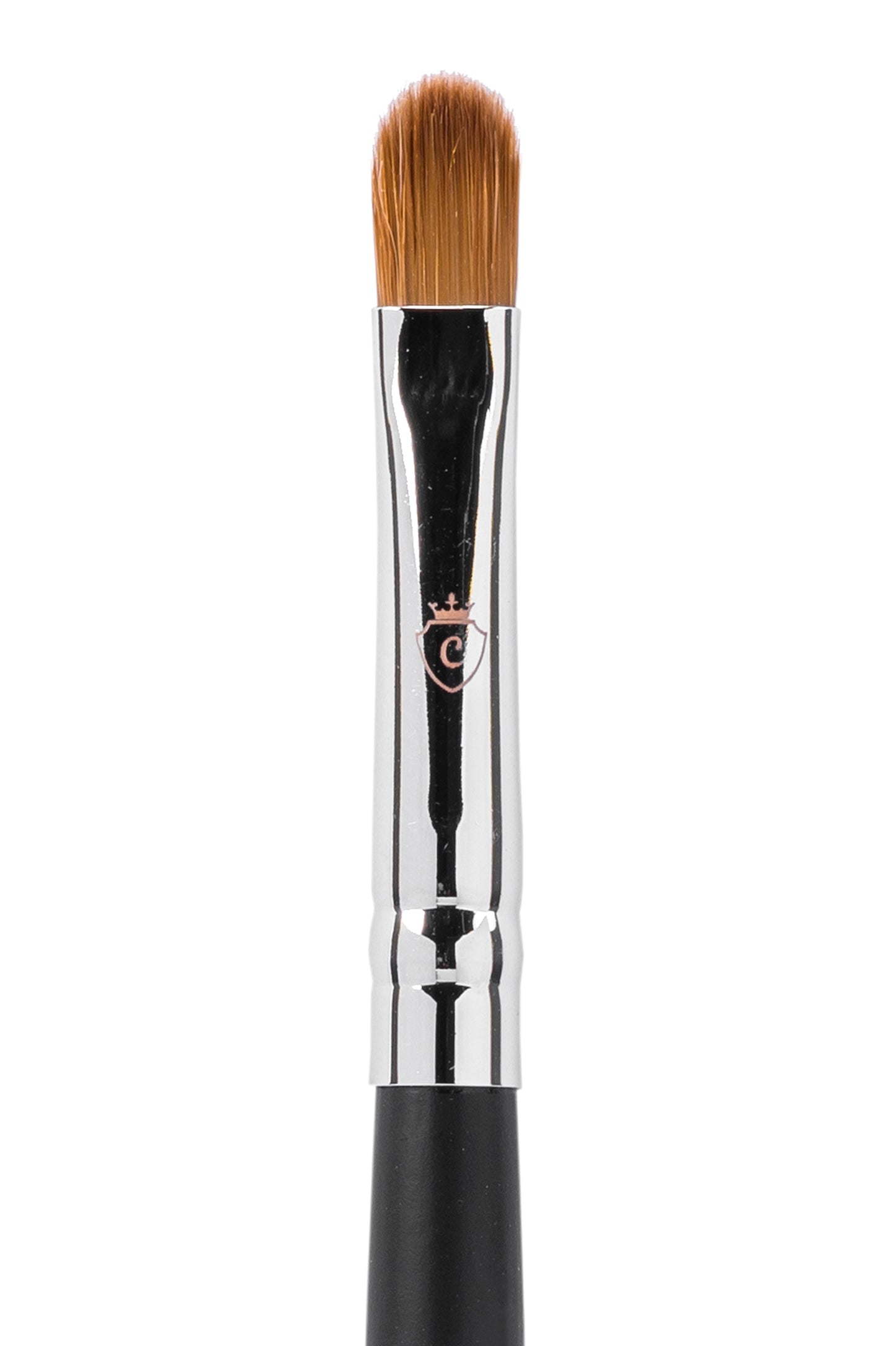 One makeup brush with brown bristles, a silver metal ferrule featuring a crown logo, and a black handle.