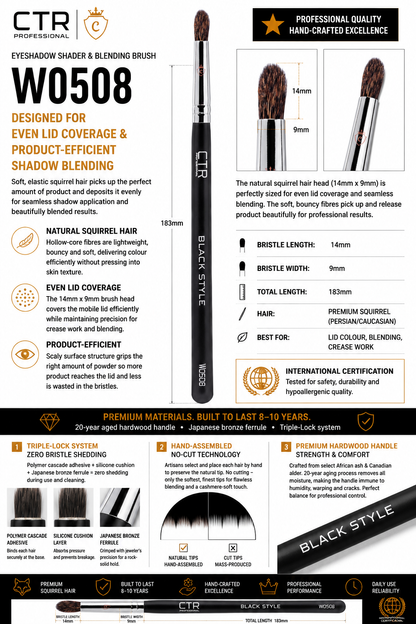CTR W0508 Black Style eyeshadow brush premium comparison CTR vs ordinary brush precision seamless blend less product waste professional finish 8-10 years — CTR Professional
