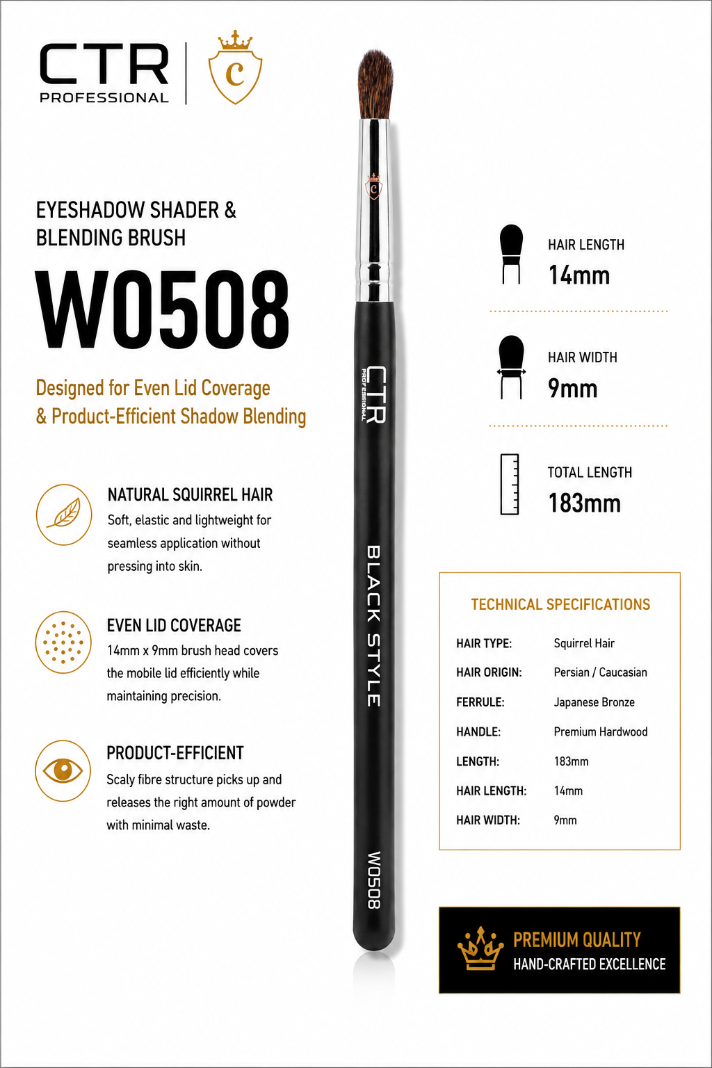 CTR W0508 eyeshadow shader blending brush problem solution patchy even coverage product waste seamless blend natural squirrel hair — CTR Professional
