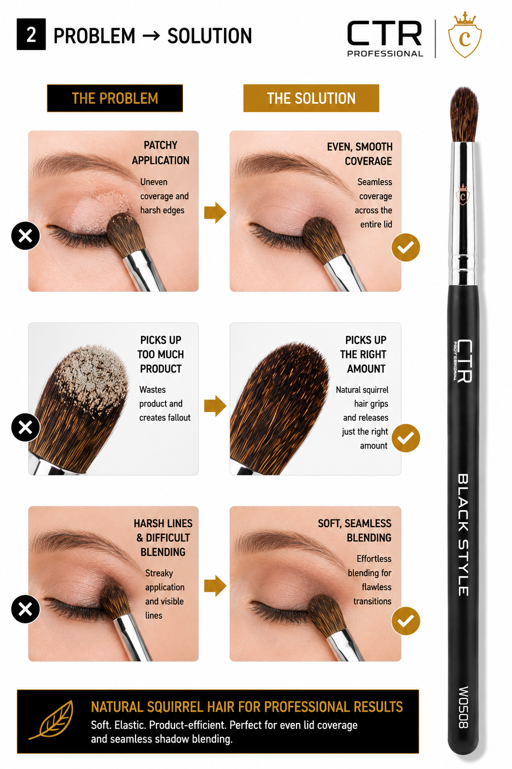 CTR W0508 eyeshadow shader blending brush Black Style three views full brush ferrule close-up bristle detail natural squirrel hair — CTR Professional

