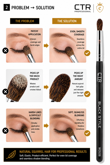 CTR W0508 eyeshadow shader blending brush Black Style three views full brush ferrule close-up bristle detail natural squirrel hair — CTR Professional
