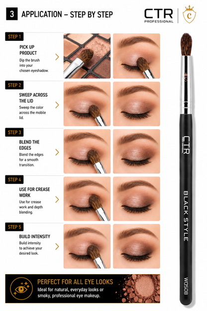CTR W0508 Black Style eyeshadow shader blending brush product details specifications Persian Caucasian squirrel hair hypoallergenic international certification — CTR Professional
