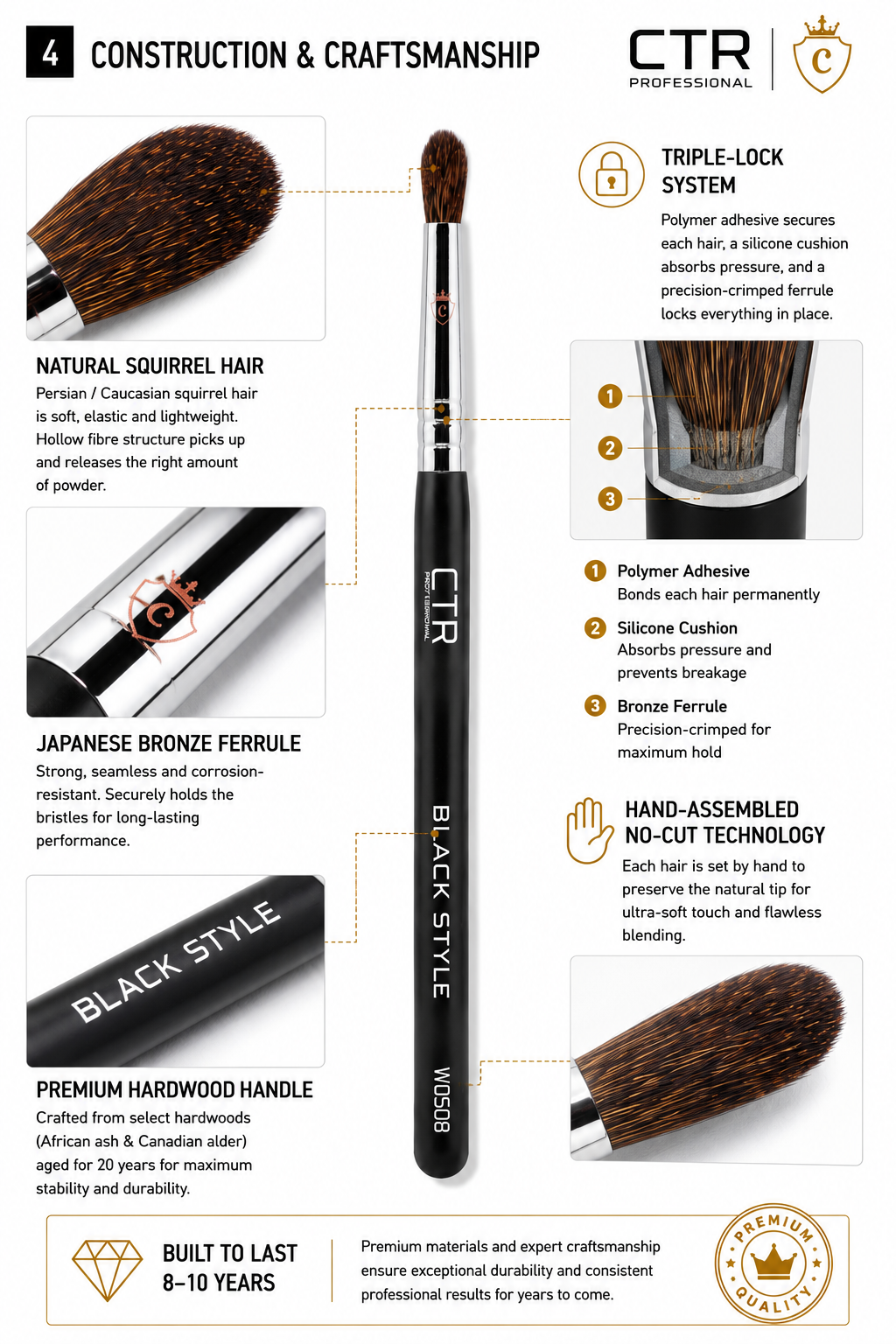 CTR W0508 Black Style eyeshadow shader blending brush even lid coverage product-efficient shadow blending squirrel hair 14mm 9mm 183mm — CTR Professional
