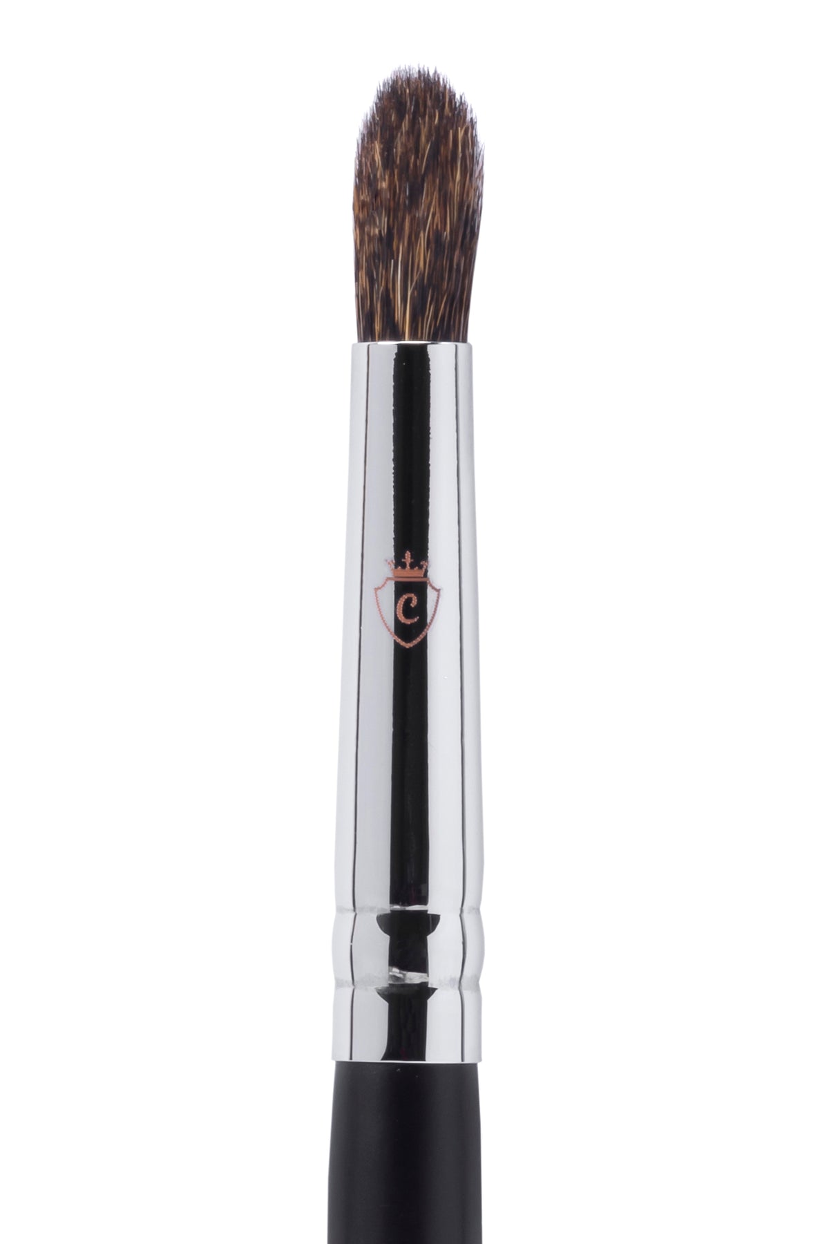 Single makeup brush with brown bristles, a silver metal ferrule, and a black handle featuring a small crest logo.