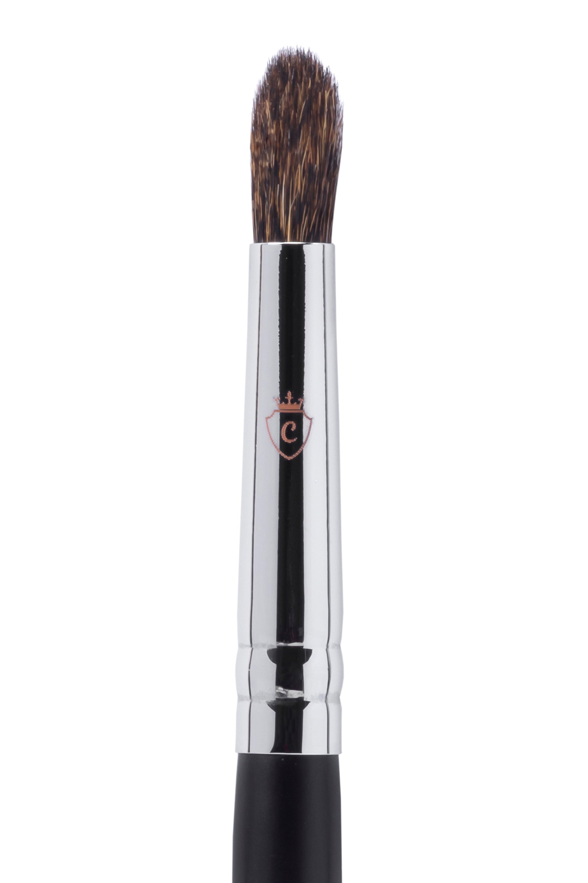 Single makeup brush with brown bristles, a silver metal ferrule, and a black handle featuring a small crest logo.