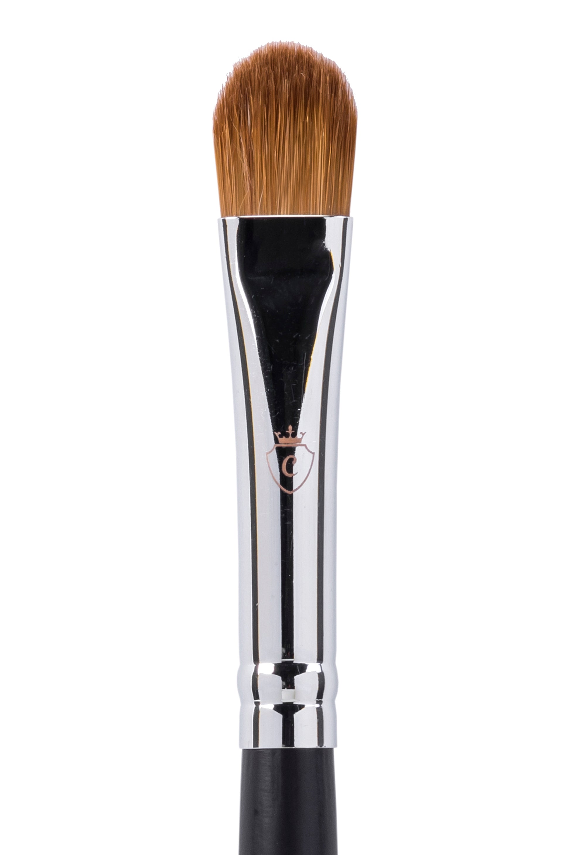 Single makeup brush with brown bristles, a silver metal ferrule featuring a crown logo, and a black handle.