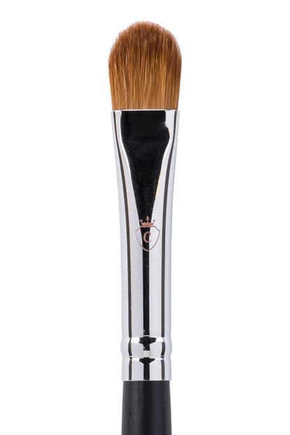 Single makeup brush with brown bristles, a silver metal ferrule featuring a crown logo, and a black handle.