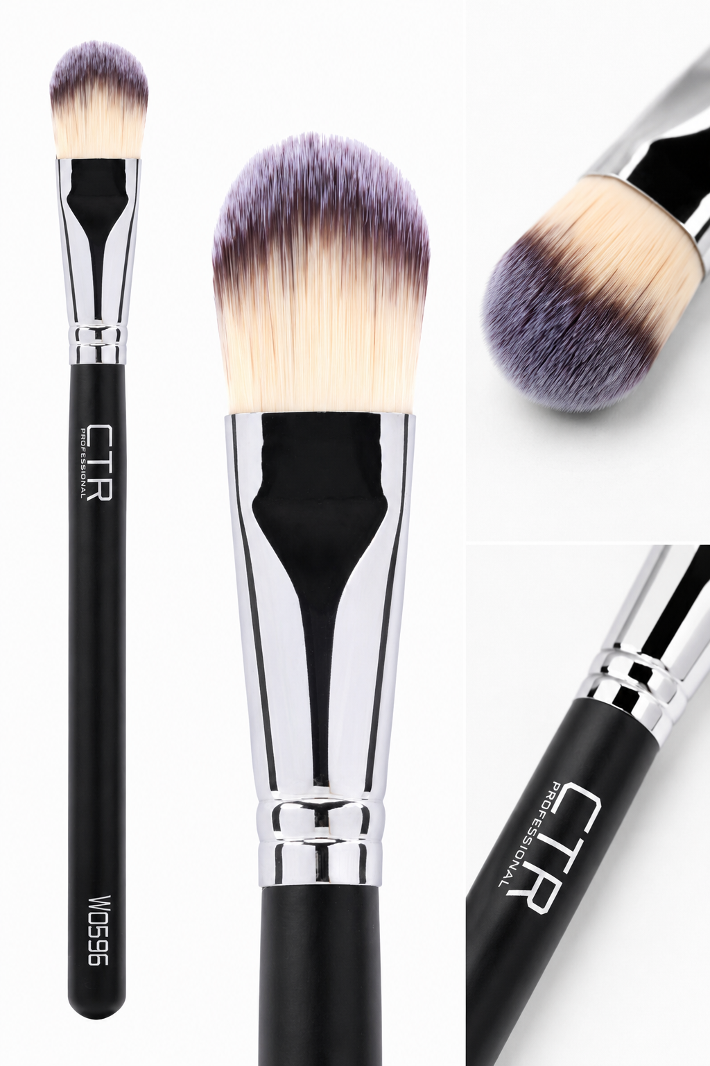 CTR W0596 liquid foundation brush Black Style three views full brush bristle ferrule detail — CTR Professional
