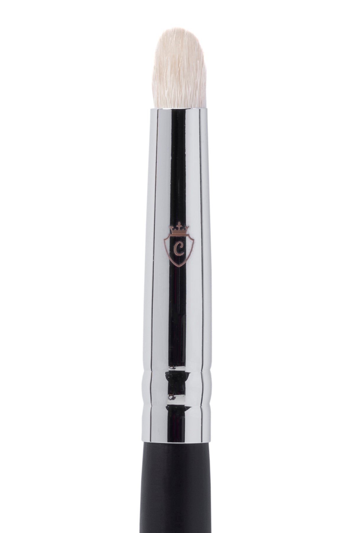 Single makeup brush with white bristles, a silver metal ferrule featuring a crowned C logo, and a black handle.
