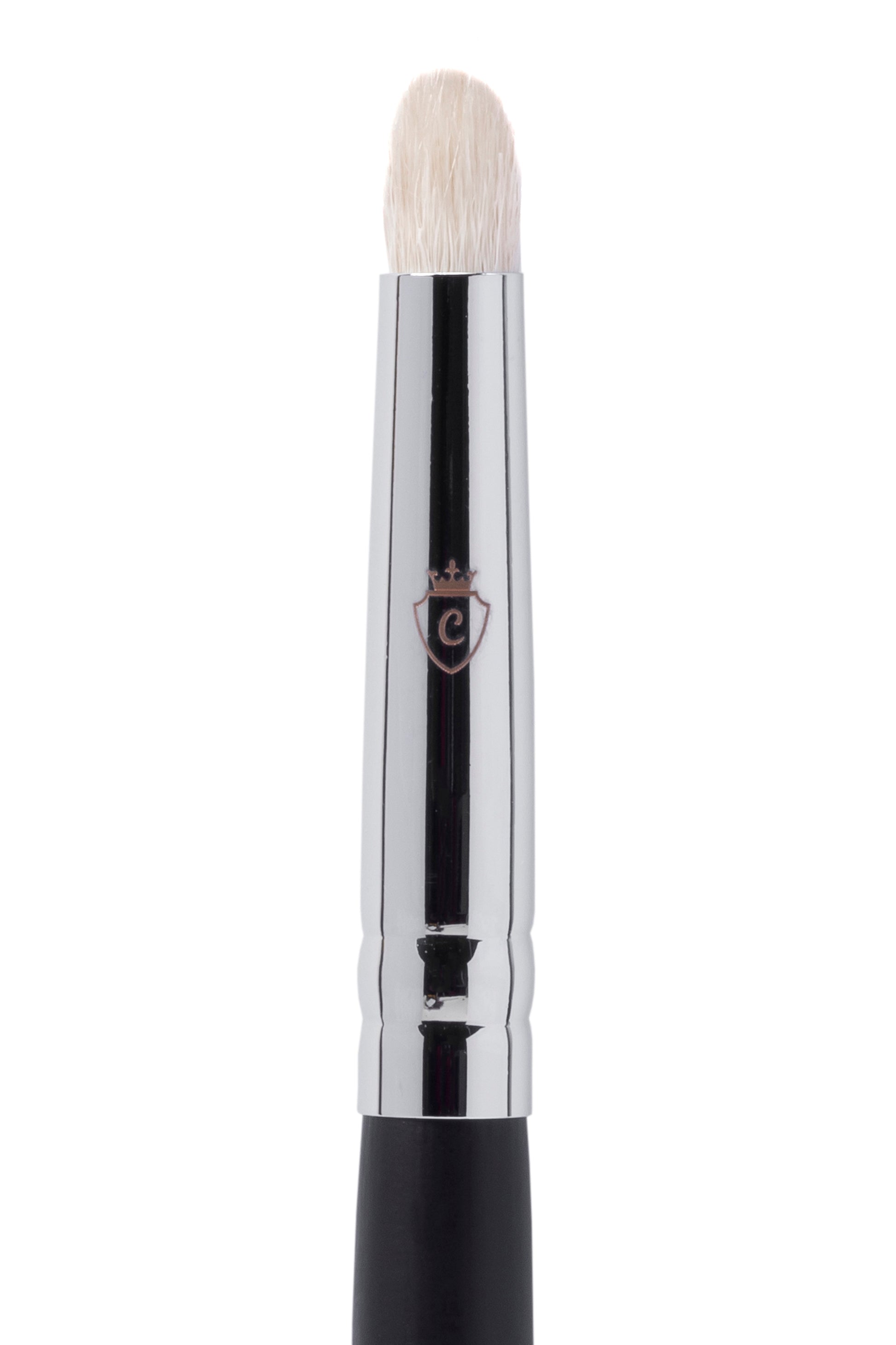 Single makeup brush with white bristles, a silver metal ferrule featuring a crowned C logo, and a black handle.