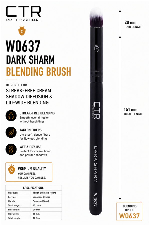 CTR W0637 Dark Sharm blending brush streak-free cream shadow diffusion lid-wide blending taklon specifications — CTR Professional
