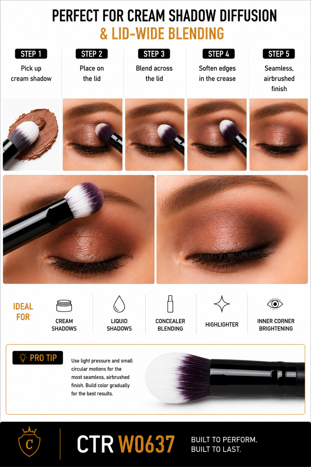 CTR W0637 cream eyeshadow blending brush how to use 5 steps cream shadow diffusion lid-wide blending ideal for cream liquid concealer highlighter inner corner — CTR Professional
