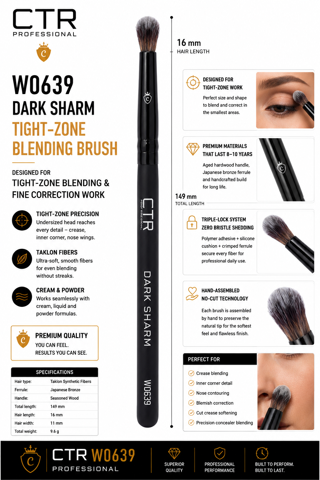CTR W0639 Dark Sharm tight-zone blending brush precision concealer spot correction taklon specifications — CTR Professional
