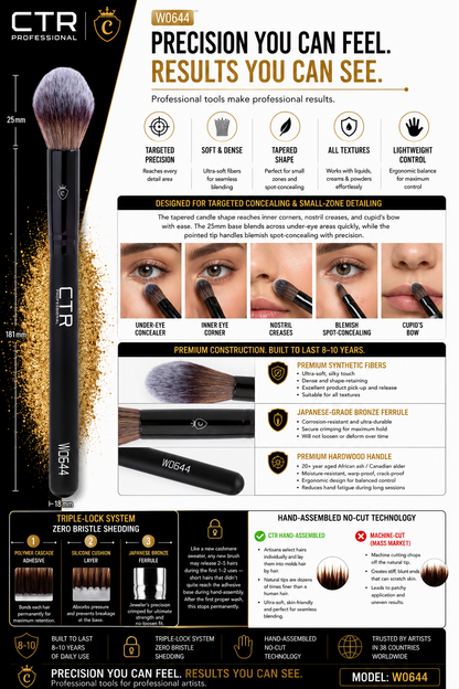 CTR W0644 tapered concealer spot correction brush Black Style precision you can feel results you can see targeted precision soft dense tapered candle shape all textures lightweight control under-eye concealer inner eye corner nostril creases blemish spot-concealing cupid's bow premium synthetic fibers Japanese-grade bronze ferrule premium hardwood handle Triple-Lock hand-assembled no-cut 8-10 years 30 countries — CTR Professional