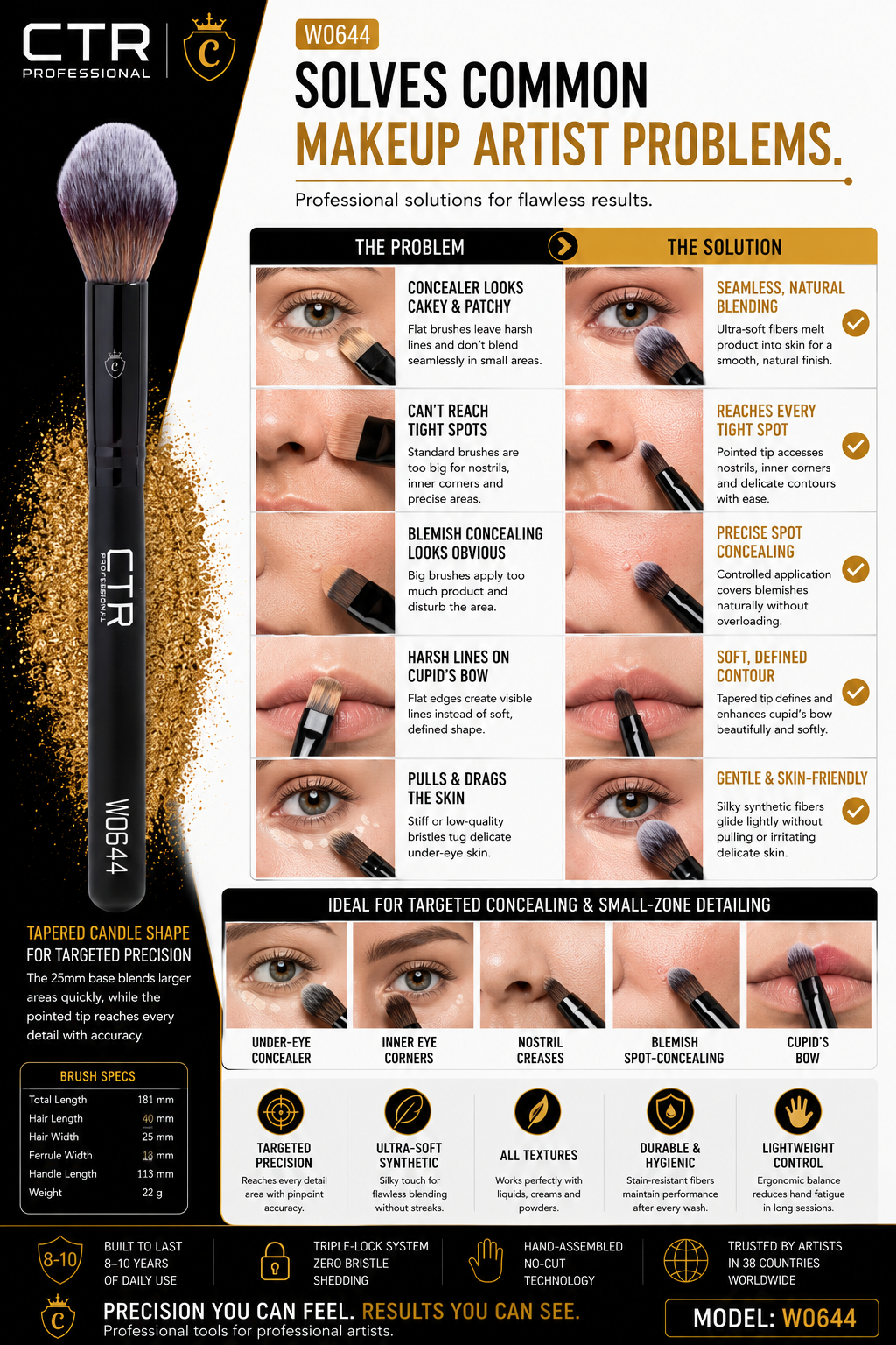 CTR W0644 tapered concealer spot correction brush Black Style solves common makeup artist problems concealer cakey patchy seamless natural blending can't reach tight spots reaches every tight spot blemish concealing obvious precise spot concealing harsh lines cupid's bow soft defined contour pulls drags skin gentle skin-friendly before after under-eye inner corners nostril blemish cupid's bow — CTR Professional
