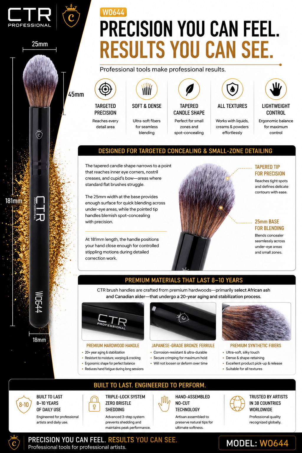 CTR W0644 tapered concealer spot correction brush Black Style 25mm 45mm 181mm 18mm tapered tip for precision 25mm base for blending premium marowood handle Japanese-grade bronze ferrule premium synthetic fibers Triple-Lock hand-assembled no-cut 8-10 years built to last engineered to perform 30 countries — CTR Professional