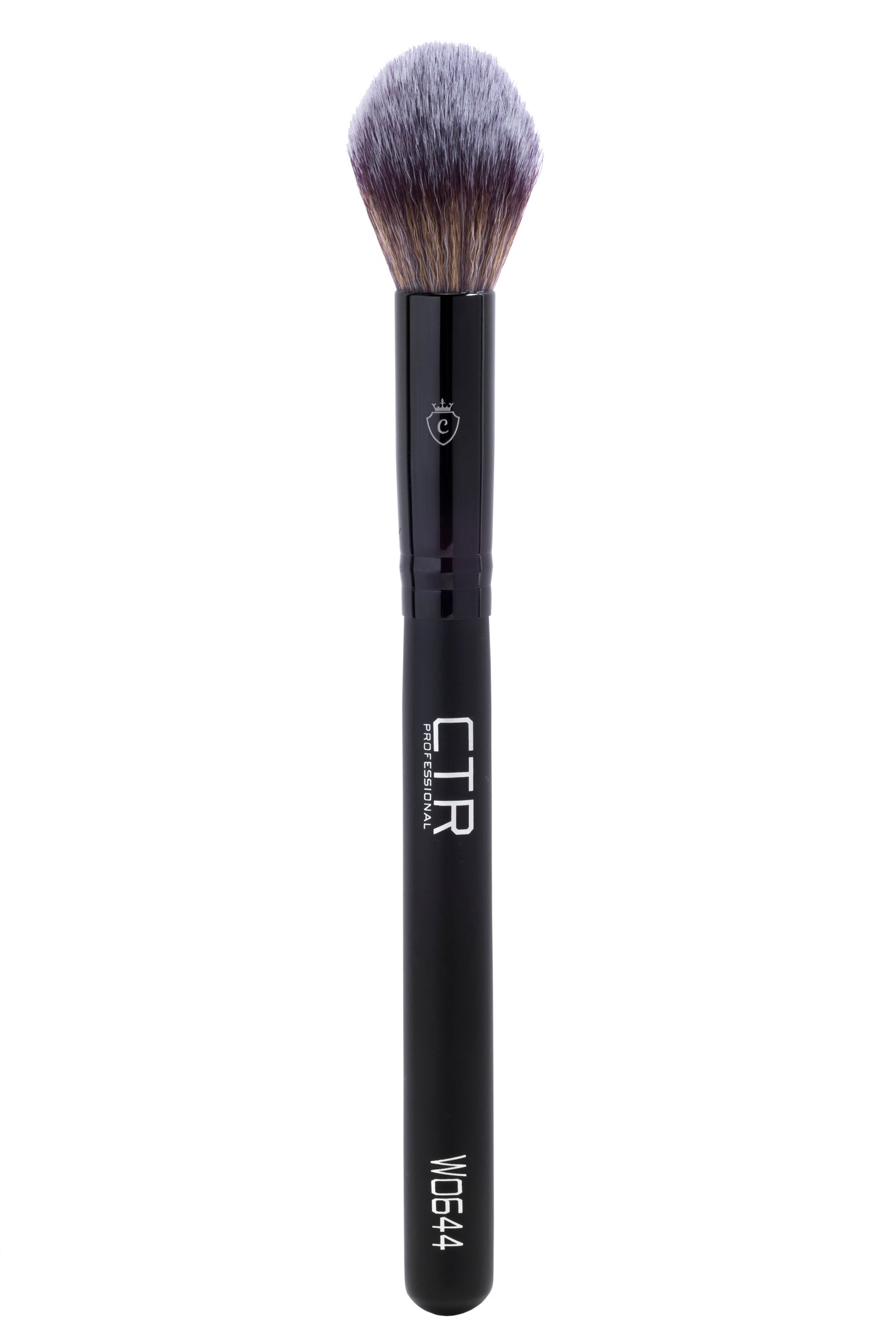 Single makeup brush with a black handle, silver ferrule, and grey bristles. Printed with CTR PROFESSIONAL and W0644.