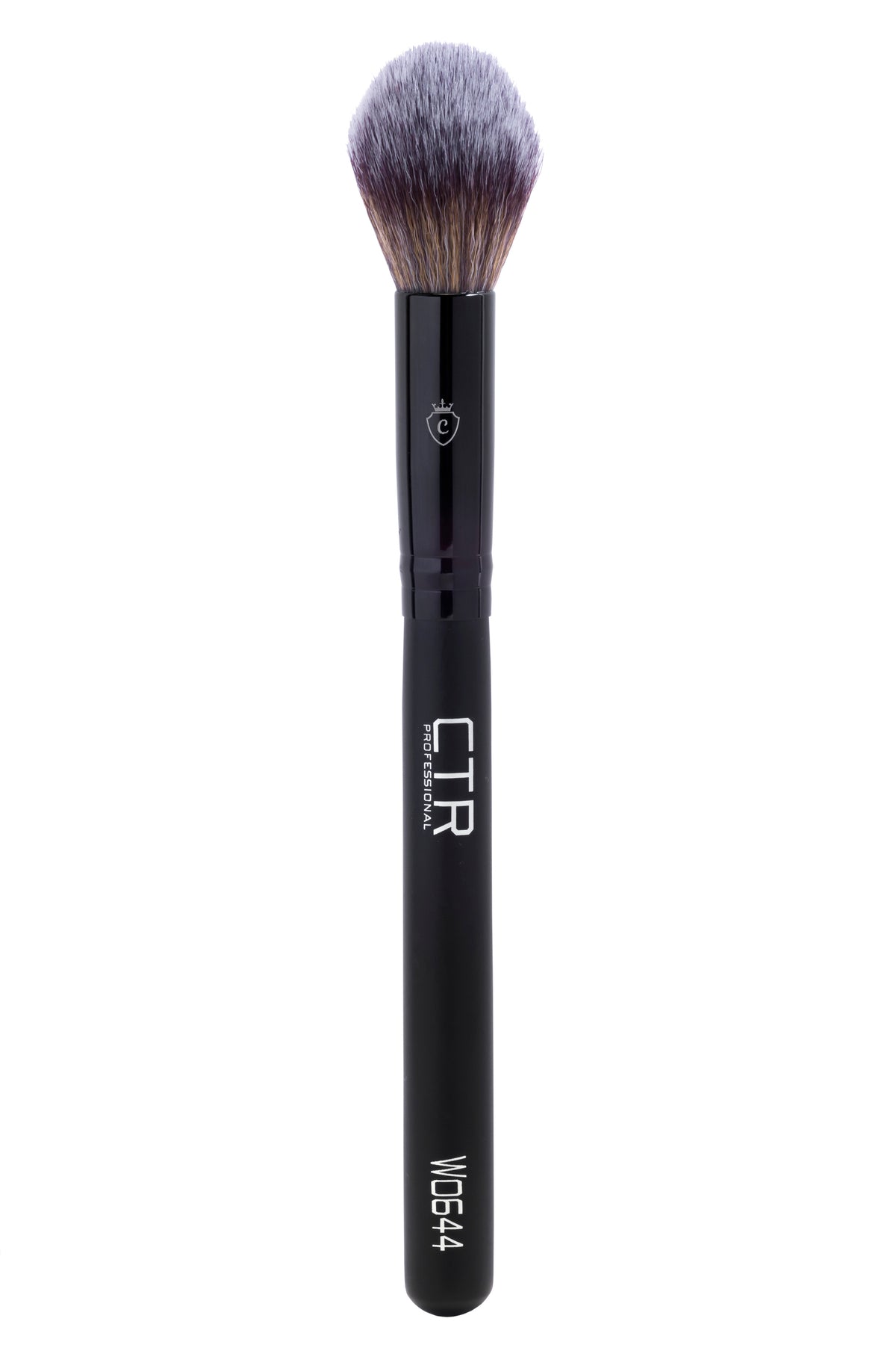 Single makeup brush with a black handle, silver ferrule, and grey bristles. Printed with CTR PROFESSIONAL and W0644.