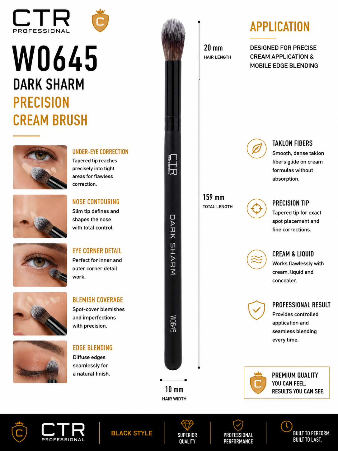 CTR W0645 Dark Sharm precision cream brush application under-eye correction nose contouring blemish coverage edge blending taklon — CTR Professional
