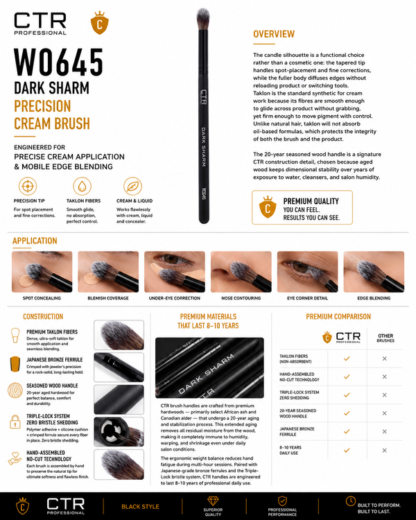 CTR W0645 Dark Sharm precision cream brush overview application construction premium comparison Triple-Lock no-cut technology — CTR Professional
